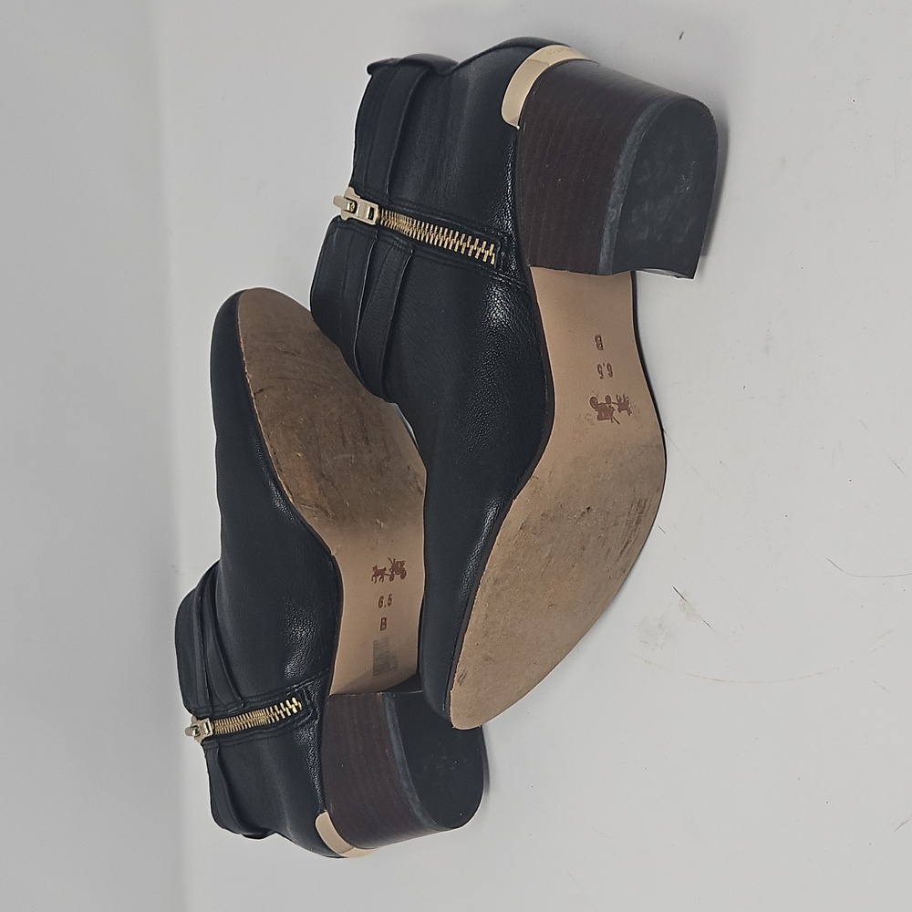 COACH Black Leather Pauline Ankle Boots Sz6.5 Zip Side Buckle Strap Gold 2" Heel - Picture 5 of 5